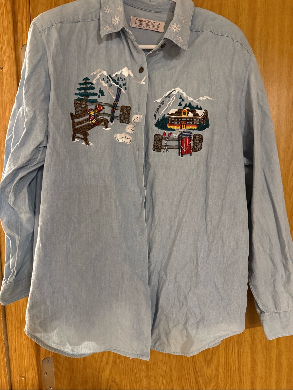 Karen Scott Light Blue Embroidered Casual Button-Down Shirt